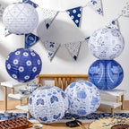12 Pcs Chinoiserie Party Decorations Set 10" Blue and White Porcelain Paper Lanterns Triangle Flag Bunting Banner Chinese Japanese Hanging Decorations for Wedding Birthday Party Baby Shower Home Decor - Image 5