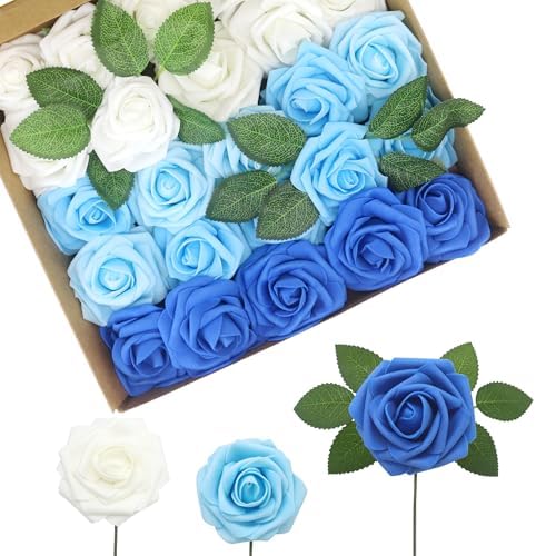Artificial Flowers Realistic Roses, Real Looking Fake Roses with Stem for DIY Wedding Bouquets Centerpieces Bridal Shower Party Home Romantic Decorations (Shades of Blue, Regular 3" - 200pcs) by BringmoreJoyinyourlife