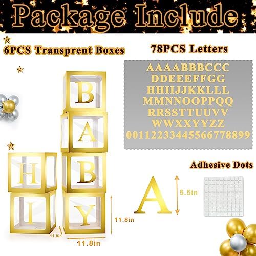 Baby Boxes with Letters, 6 Transparent Balloon Boxes with 78 Letters & Numbers, Clear Name Boxes for Baby Shower Birthday Bridal Wedding Gender Reveal Party Decorations Backdrop, Gold - Image 2