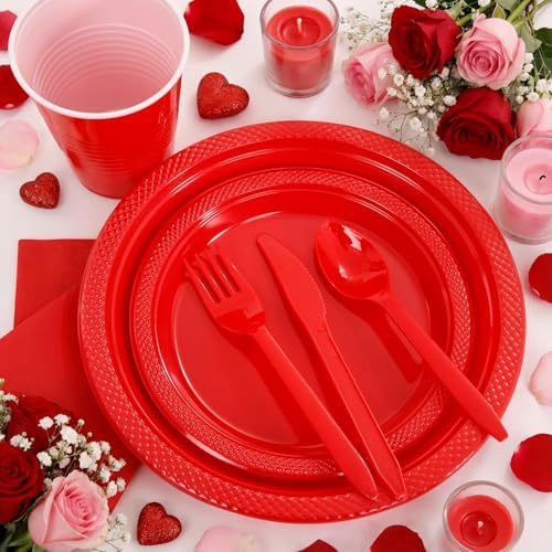 MirthMood 350PCS Red Disposable Plastic Plates,Red Dinnerware Set - Image 5