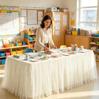 21FT Long Champagne Tulle Table Skirt for Rectangle Round Tables 3-Layer Ruffle Desk Teacher Skirt for Back to School Supplies Princess Girls Birthday Party Cake Dessert Classroom Dorm Decor - Image 3