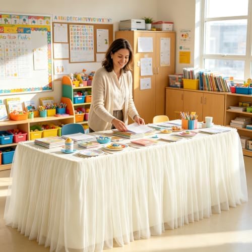 21FT Long Champagne Tulle Table Skirt for Rectangle Round Tables 3-Layer Ruffle Desk Teacher Skirt for Back to School Supplies Princess Girls Birthday Party Cake Dessert Classroom Dorm Decor - Image 3