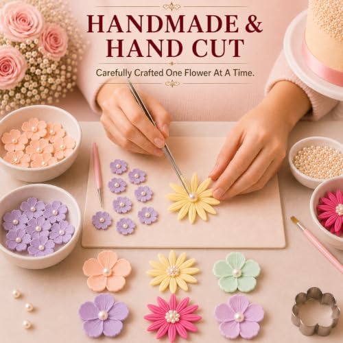 CONFECT Handmade Edible Gum Paste Flower Decorations – Rainbow Blossom – 60 Piece Assorted Sugar Flower Set with Pearl Centers, Hand Cut Cake Flowers for Cakes, Cupcakes, Cookies & Desserts - Image 5
