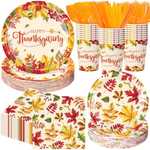 400 Pcs Happy Thanksgiving Party Decorations for 50 Guests, Watercolor Maple Leaf Paper Plates Napkins Cups Cutlery for Fall Thanksgiving Give Thanks Harvest Party Supply by Sunnychicc