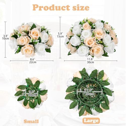 Briful Fake Floral Balls for Centerpieces - 2PCS 11.8" Large Faux Rose Flower Arrangement Silk Flower Bouquet for Home Wedding Party Anniversary Table Vase Flower Stand Decor(Champagne White) - Image 2