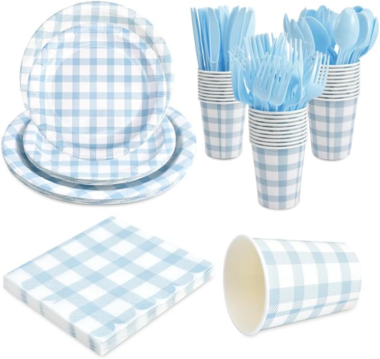 168Pcs Gingham Party Supplies for 24 Guests Thick Paper Plates and Napkins Knives Spoons Forks Cups Disposable Party Set Cutlery for Dinner Baby Shower Wedding Favor(Blue) by Unknown