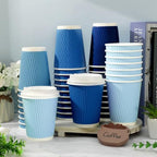 Whaline 100 Pcs Summer Dusty Blue Disposable Coffee Cups with Lids 12 Oz Gradient Blue Paper Cups Corrugated Ripple Wall Insulated Hot Cup for Home Office Party Supplies (Pack of 2) - Image 4