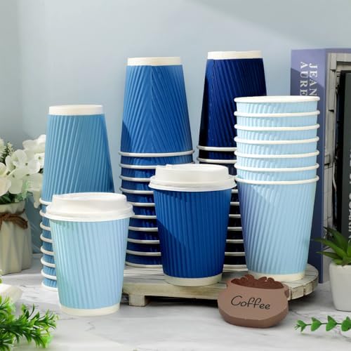 Whaline 100 Pcs Summer Dusty Blue Disposable Coffee Cups with Lids 12 Oz Gradient Blue Paper Cups Corrugated Ripple Wall Insulated Hot Cup for Home Office Party Supplies (Pack of 2) - Image 4