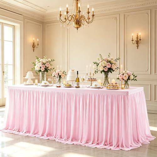 Wish Care 4 Pack Pink Tulle Table Cloth for Rectangle Tables 8FT Ruffle Tutu Stretch Fitted Tablecloths Wrinkle Free Tulle Tutu Skirt Table Cover for Party Wedding Girls Birthday Baby Bridal Shower - Image 7