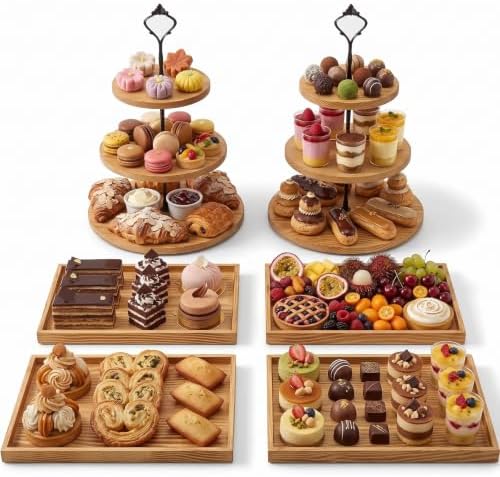 6pcs Wooden Dessert Table Display Set, 3 Tier Cupcake Stand Set with Serving Trays, Rustic Dessert Display Stand, Cake Stand Set for Wedding Dessert Table, Birthday, Baby Shower, Party Food Display, Home Decor by Unknown