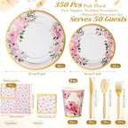 Ziliny 350 Pcs Floral Party Supplies Tableware Set Disposable 9'' 7'' Paper Plates 9 oz Cups Cutlery Napkins Dinnerware for Baby Shower Bridal Wedding 1st Birthday, Serve 50 (Floral, Rose Gold) - Image 2