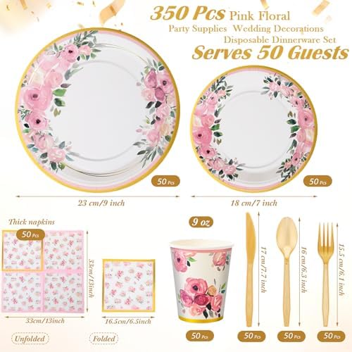 Ziliny 350 Pcs Floral Party Supplies Tableware Set Disposable 9'' 7'' Paper Plates 9 oz Cups Cutlery Napkins Dinnerware for Baby Shower Bridal Wedding 1st Birthday, Serve 50 (Floral, Rose Gold) - Image 2