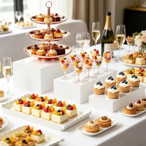 Buffet Risers, 4PCS Glossy White Acrylic Food Risers for Party Table, Rectangle Display Riser Stand with Hollow Box for Dessert Catering Drink Supply, Scalloped Acrylic Serving Tray for Cupcake - Image 3