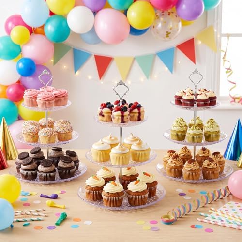 Patelai 8 Packs 3 Tier Acrylic Cake Stand with Round Holder 3 Tier Serving Tray Acrylic Crystal Cupcake Stand Holder for Home Wedding Birthday Baby Shower Tea Party Favors(Clear, Silver Crown) - Image 7