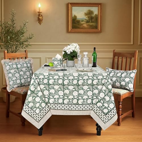 Ridhi Turquoise Moss Green Hand Block Print Cotton Tablecloth 120 x 80 Inch - Image 2