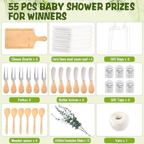 6 Sets Baby Shower Prizes for Game Winner Gifts Bamboo Cheese Board Fork Spoon Towel Artificial Eucalyptus Stems with Cards and Gift Bags Bridal Shower Party Favors for Guests Bridal Shower Prizes - Image 2
