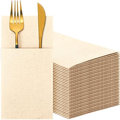 Cindeer 150 Pcs Champagne Linen Dinner Napkins with Built in Flatware by Cindeer