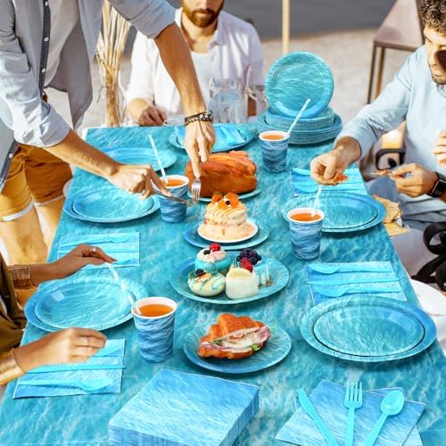 Funnymoom 452 Pcs Ocean Sea Birthday Party Decorations Include Ocean Waves Paper Plates Napkins Cups Tablecloth Cutlery Straws Sea Theme Party Supplies for Birthday Baby Shower - Image 5