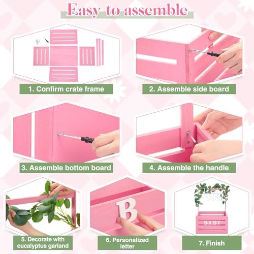 Barydat Wooden Baby Shower Crate Basket with Handle, Pink - Image 3