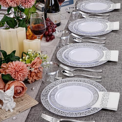 WELLIFE 210pcs Dinnerware Set - Silver Rimmed Plastic Plates Disposable Heavy Duty, Disposable Plastic Plates with Silver Rim, Water-proof, Break-proof, Best Choice for Any Party - Image 6