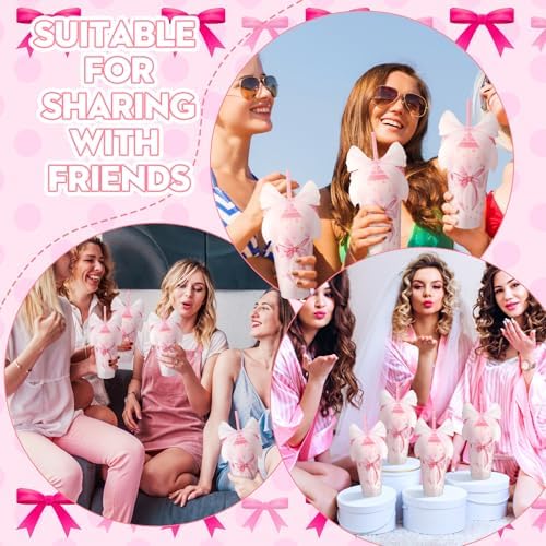Willinglong 24 Pink Bow Cups with Lid Straw Galentines Party Favor 24 oz - Image 6