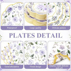 Funnymoom 250 Pcs Purple Gold Floral Paper Plates Napkins Cups Serves 50 - Image 2