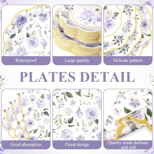 Funnymoom 250 Pcs Purple Gold Floral Paper Plates Napkins Cups Serves 50 - Image 2