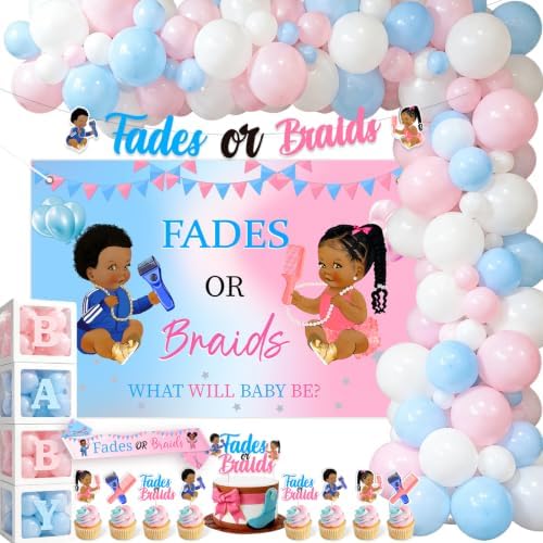 Fades Or Braids Gender Reveal Party Decorations Kit With 4.9 x 3.3 ft Backdrop Banner Balloon Garland Cake Topper Cupcake Toppers Sash And Letter Banner For Baby Shower Celebration by Unknown