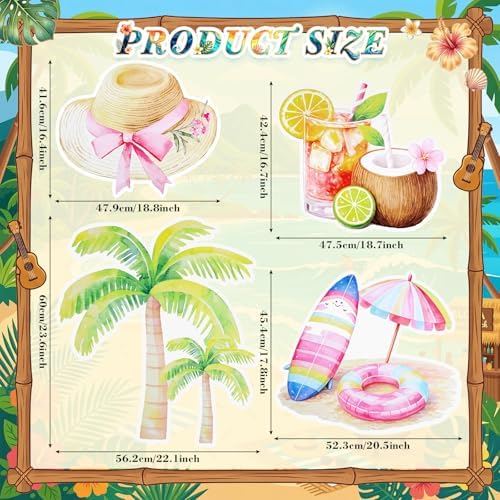 Honoson 4 Pcs Large 32" Summer Beach Party Decoration Cardboard Cutouts, Pool Coconut Tree Yard Signs Photo Booth Prop for Birthday Tropical Swimming Hawaiian Luau Bar Party Supplies - Image 3