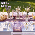 Rubtlamp 60Pcs Clear Purple Gold Plastic Plates, Purple Disposable Plates With Gold Rim, Hammered Plastic Plates Include 30 Clear Dessert Plates, 30 Dinner Plates for Party - Image 3