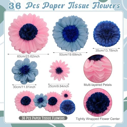 ForraFun 36 Pcs Blue Giant Paper Flowers Decoration for Wall Sizes 10" to 24'' Tissue Paper Pom Poms in 5 Flower Wall Backdrop Decor for Birthday Bachelorette Wedding Baby Shower Bridal Shower Party - Image 2