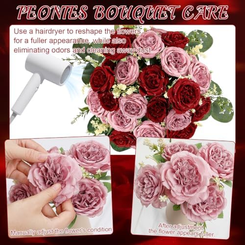 12 Bundles Peonies Artificial Flowers Bulk, Dusty Pink & Burgundy - Image 4