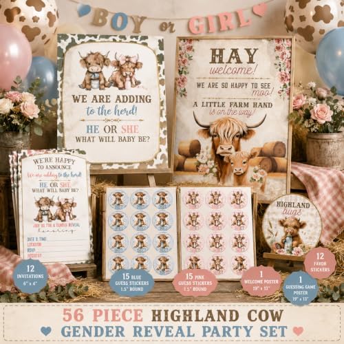Baby Highland Cow Gender Reveal Farm Party Supplies 56 Piece Set - Image 2