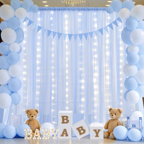 10ft x 10ft Baby Blue Chiffon Backdrop Curtain with Lights String for Parties,2 Panels Sheer Tulle Curtain Wedding Photo Backdrop with Lights for Baby Shower Birthday Party Ceremony Home Decorations - Image 3