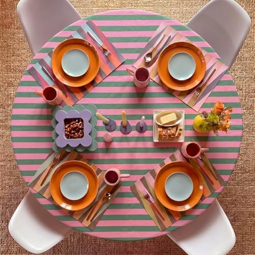 Tudomro Striped Tablecloth, Round, Pink, Grass Green, 60'' X 60'' - Image 5
