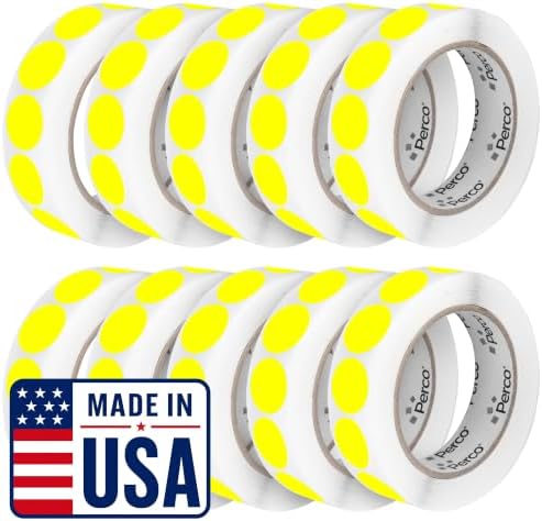 Perco Neon Yellow Perforated Round Circle Dot Sticker 1-Inch Labels — 10 Rolls, 10,000 Stickers — Price Stickers, Notes & Reminder Labels, High Visibility, Strong Adhesive—Made in USA by Perco