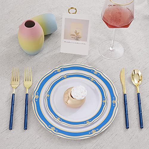Supernal 180Pcs Blue and Gold Plastic Silverware Set for Wedding Parties - Image 4