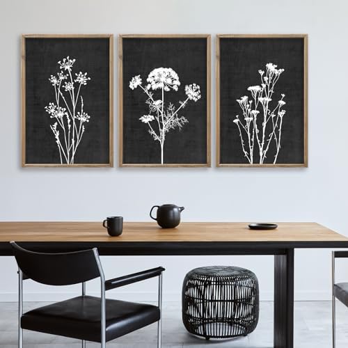 Flower Plant Wall Art Decor 24"x16" Set of 3 Black And White Wood Black - Image 6