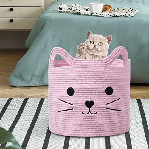 VK VK·LIVING Cat Toy Basket Cute Cotton Rope Animal Storage Pink Laundry Baskets for Toys, Clothes,Gifts,Towels, Blankets, Pet Bed Pink Laundry Hamper for Organizing 15''x14'' - Image 6