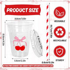 Whaline 50Pcs Cherry Bow Disposable Plastic Cups with Lids and Straws 12Oz Red Pink Cherry Bowknot Cold Beverage Drinking Cups for Wedding Birthday Baby Shower Party Supplies - Image 2