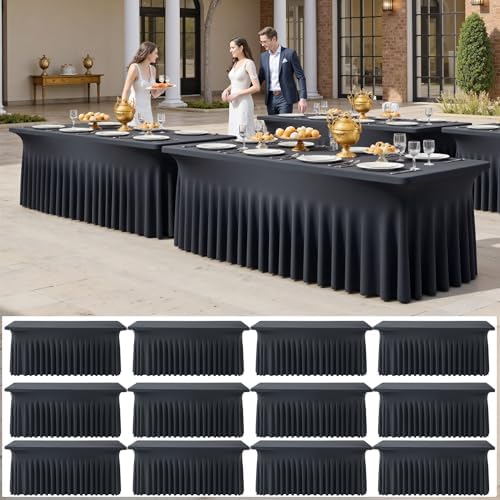 12 pk Black Spandex Tablecloth 6ft with Ruffled Skirt,Wrinkle Free High Stretch Fitted Tablecloths for 6 Foot Rectangle Tables,Pleated Elastic Spandex Table Covers 6 ft for Parties Wedding Banquet by ENJOYYOURPARTY