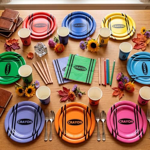 Pickmesh 250 Pcs Crayon Party Disposable Tableware Set Paper Plates and Napkins Cups Supplies Tea Party Theme Dinner Dinnerware for Birthday Bridal Baby Shower Wedding Decoration Serves 50 - Image 5