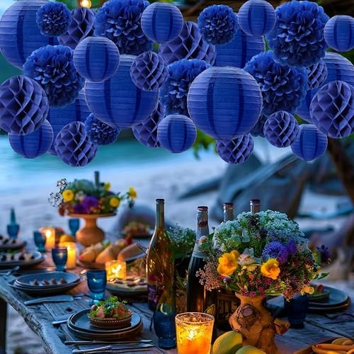 WOLHOWLTD Navy Blue Paper Decoration Set - 34 Pcs Paper Lanterns, Pompoms, Honeycomb for Wedding,Ocean Theme, EID Mubarak,School Day,Baby Shower, Birthday Party Classroom,Home Decoration (Navy Blue) - Image 3
