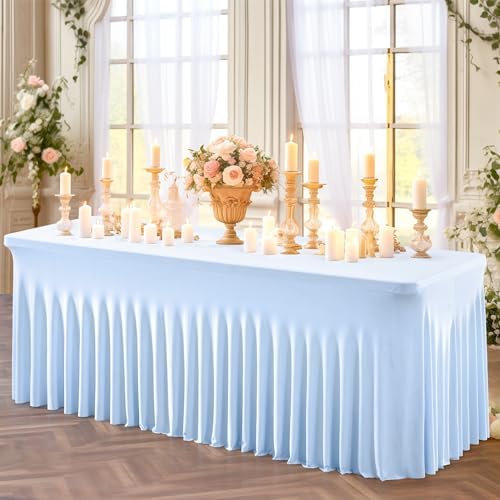 Shillance 2 Pack Baby Blue Spandex Table Clothes for 8 Foot Rectangle Tables, Wrinkle Free Fitted Tablecloths Stretch Ruffles Table Cover for Party, Banquet, Wedding and Events - Image 5