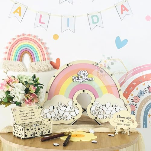Boho Rainbow Baby Shower Guest Book Alternative Wooden Drop Box Frame - Image 5