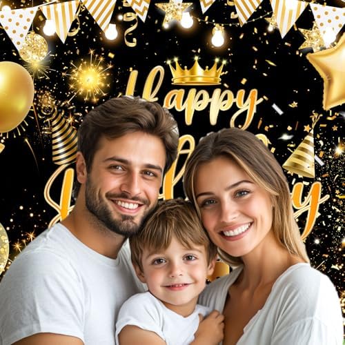 Black Gold Happy Birthday Party Decorations Backdrop, Happy Birthday Backdrop Banner Anniversary Party Photo Booth Background Golden Balloons Glitter Star Birthday Party Photo Background, 12X10ft - Image 4