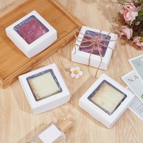 BENECREAT 48Pcs Square White Paper Boxes, Gift Boxes with Clear Window for Wedding Party Favor, Bakery, Christmas, Jewelry Gift Packaging, 3.7x3.7x1.38 Inch - Image 4
