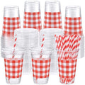 Funnymoom 50 Sets 20 oz Red Gingham Plastic Cups with Lids and Paper Straws by Funnymoom