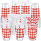 Funnymoom 50 Sets 20 oz Red Gingham Plastic Cups with Lids and Paper Straws by Funnymoom