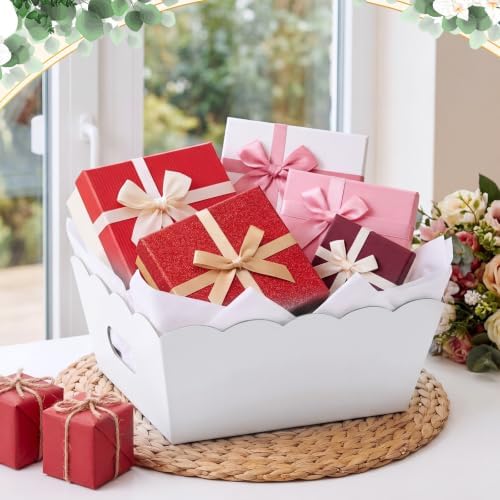 Fuyoooo 8 Pack White Basket for Gifts Empty to Fill, 10" x 8" Thick Sturdy Kraft Scalloped Edge Gift Basket with Handle, 8 Wrap Bag 8 Bow 16 Tissue Paper for Christmas Wedding Birthday Wrapping Gift - Image 3